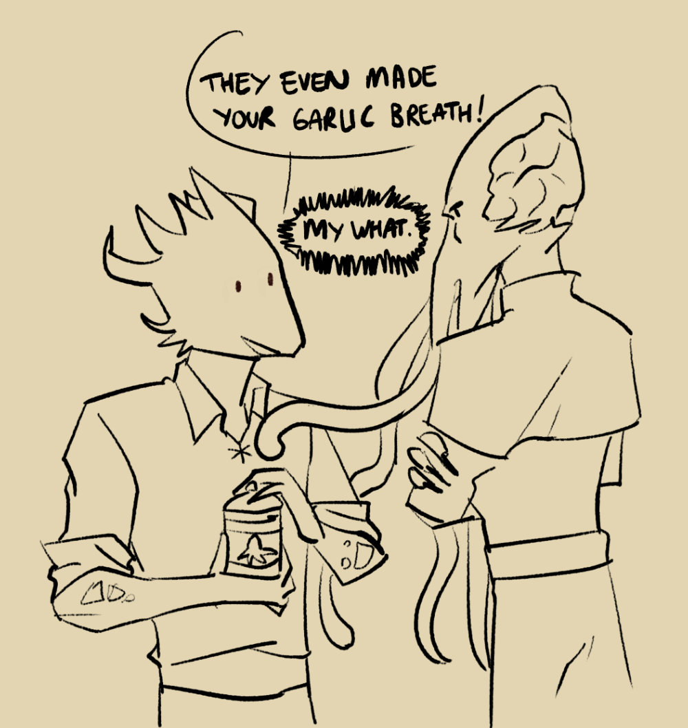 Daamric is holding onto a scented candle and is facing the Emperor who has its arms crossed. Daamric says: 'They also made your garlic breath!'. The Emperor says: 'My what.'.