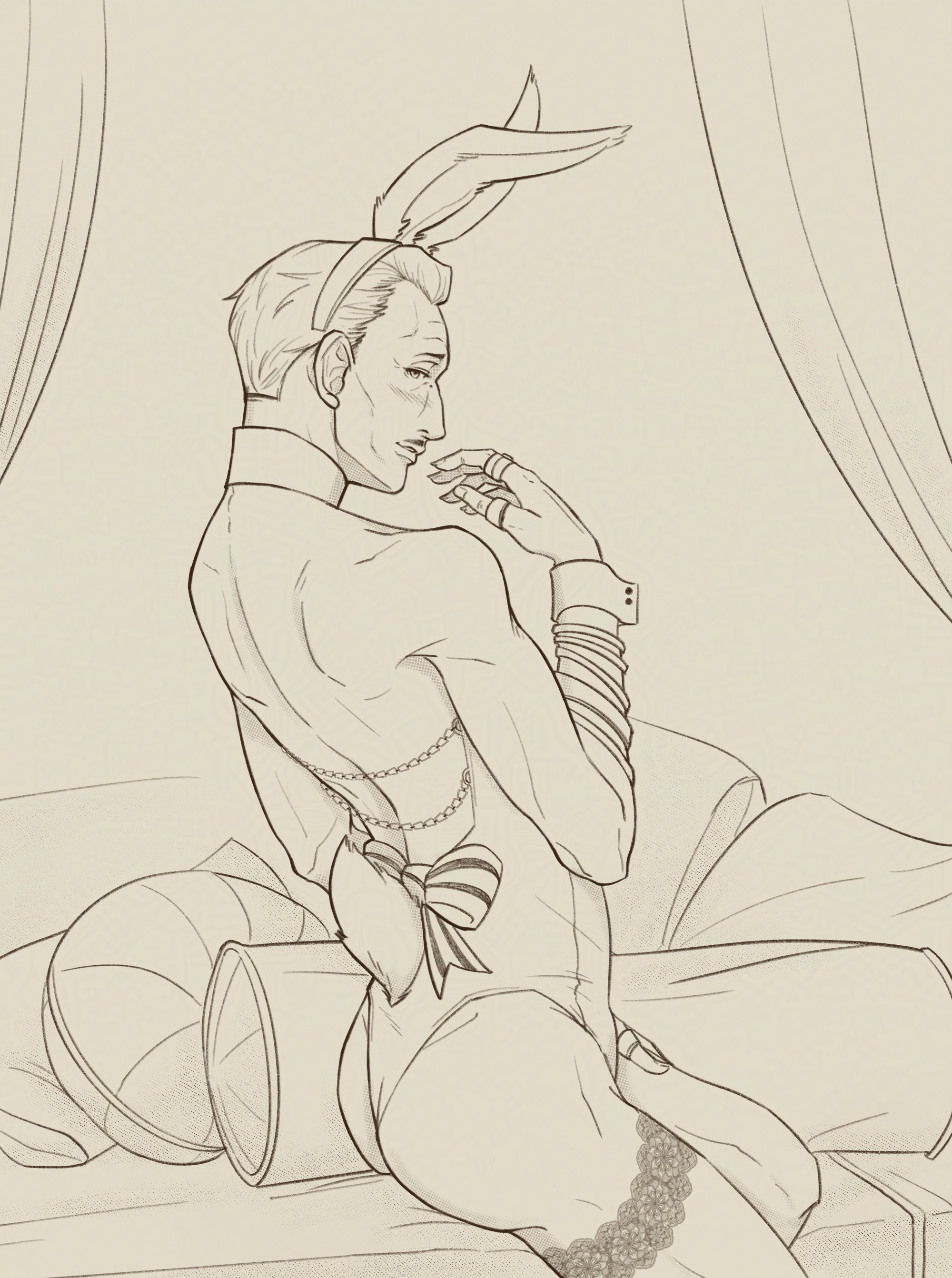 Emmrich is in a bunny outfit, sitting at the edge of a bed. He's wearing a bunny ear headband, a skin tight suit with fluffy tail, and a lace garter on his thigh. He's looking at the viewer with a blush on his cheeks, his hand raised up to his mouth in a coy but embarrassed manner.