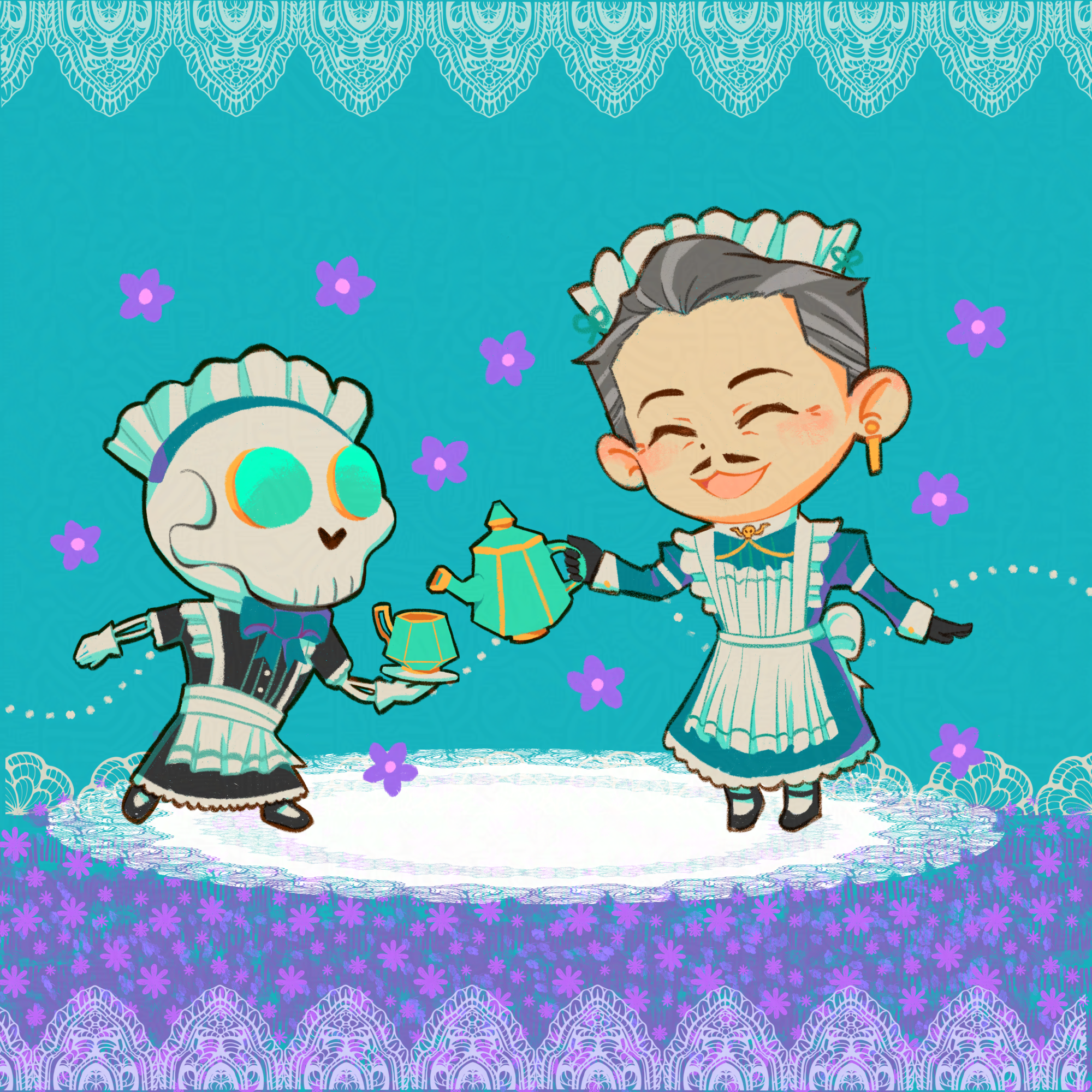 Chibi Emmrich and Manfred in cute little maid outfits. Emmy is happily about to pour tea from a teapot into a cup that Manfred is holding.