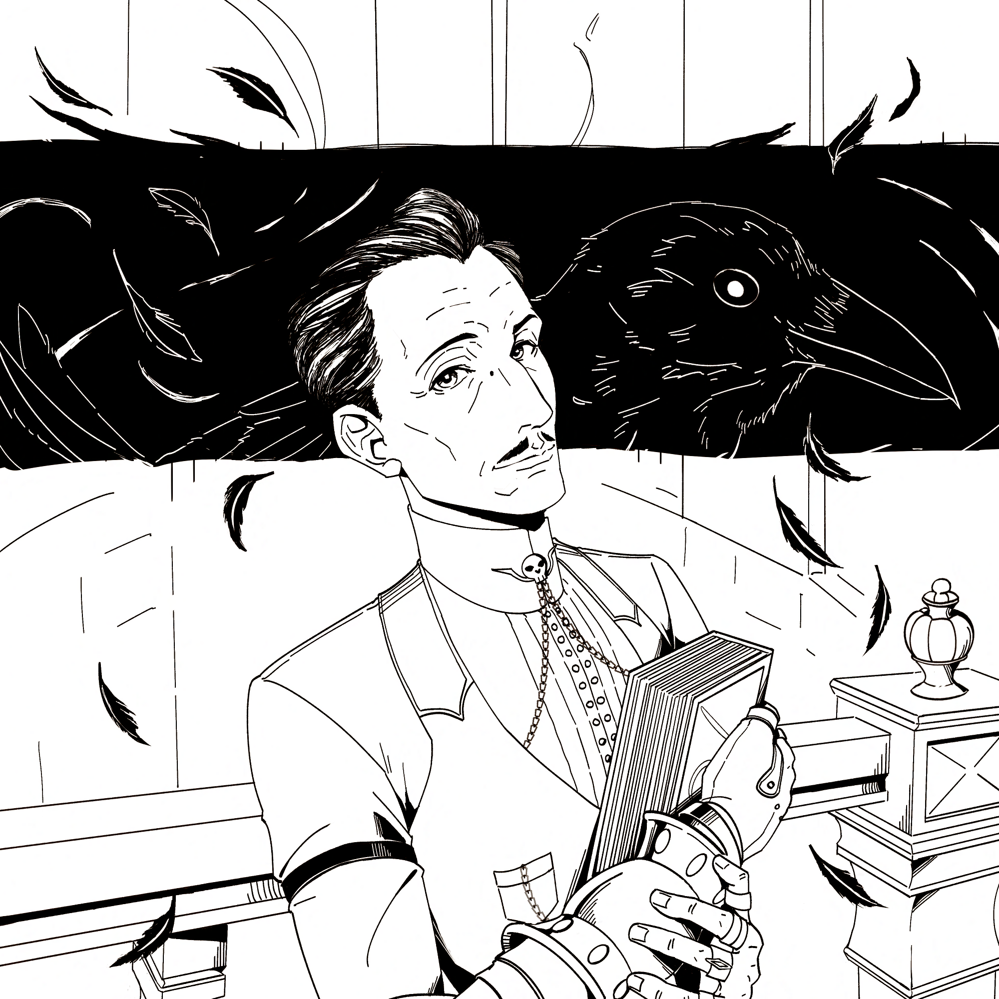 Black and white art of Emmrich holding a book, looking slightly up at the viewer pleasantly. He's standing against a staircase railing, with vauge but vast space at the back. A strip of black with a crow is behind him.