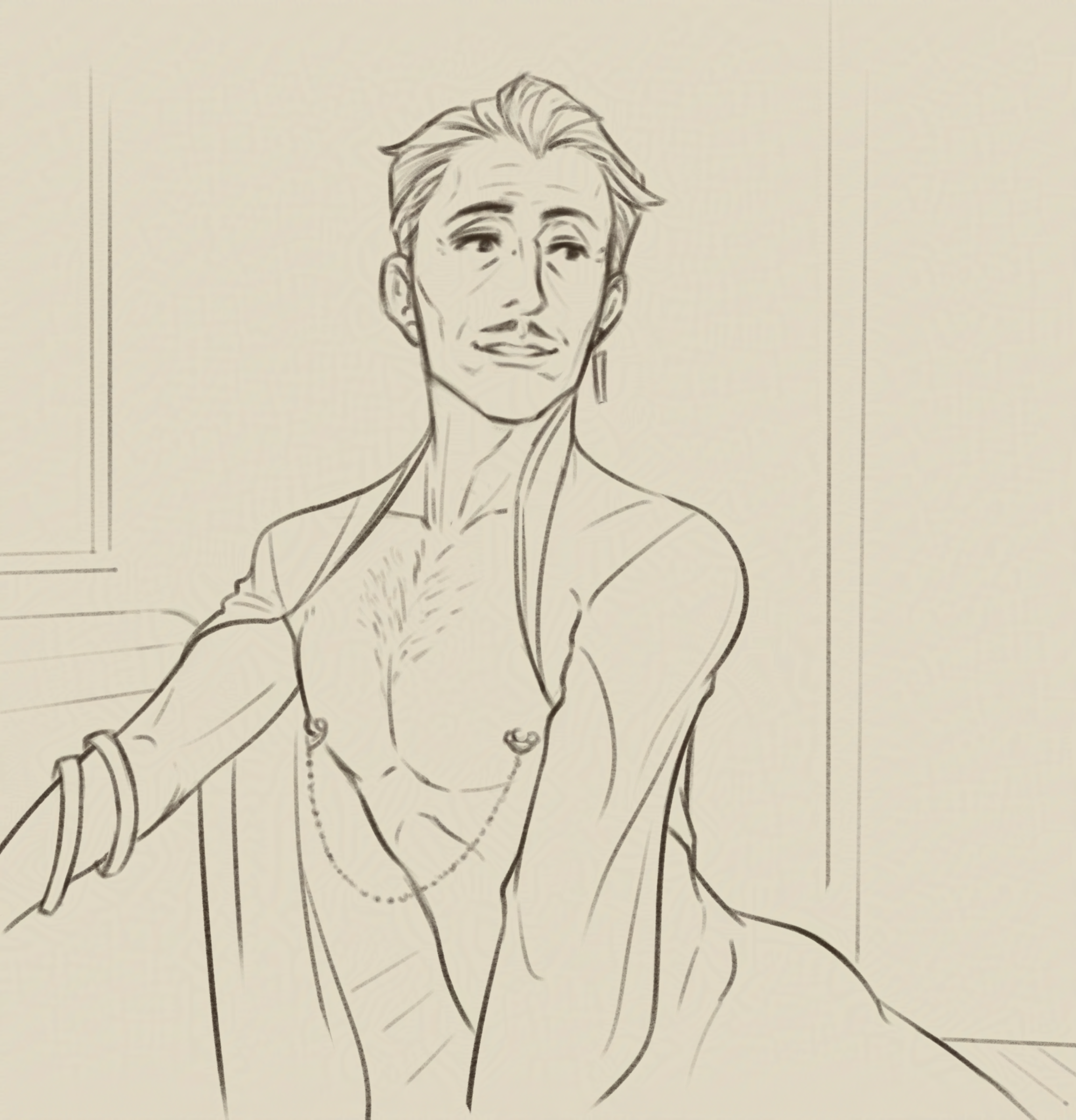 Emmrich is leaning up from a chaise, with a happy look as he looks off-screen. He's wearing a silk collar top, with his right arm in a billowy sleeve and the top draped over his left shoulder and arm. He's nude under the top, with a nipple chain.