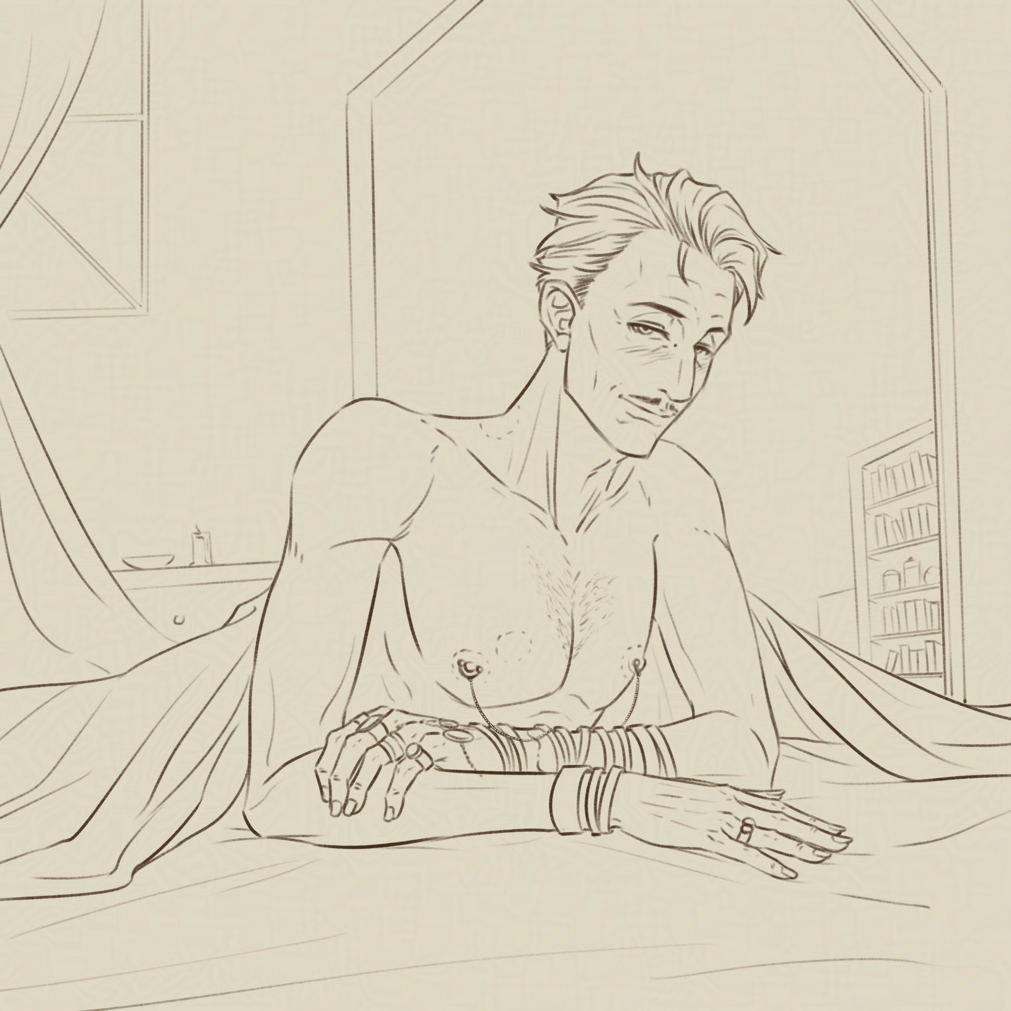 Emmrich looks a little sleepy mussed as he's resting on his elbows in bed, his nude chest visible and his bottom half hidden by the covers. There's bite marks on his neck and chest and he's wearing a nipple chain.