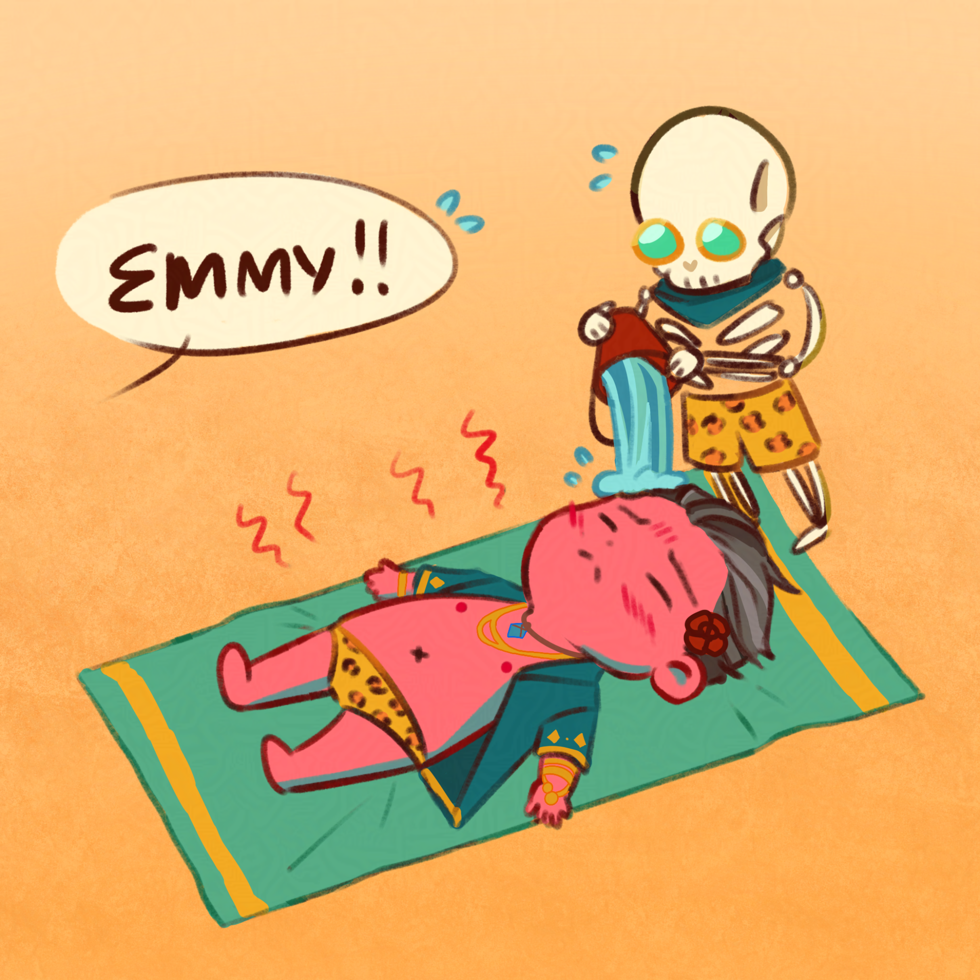 Emmrich tragically getting cooked from being sunburnt. Manfred pouring a bucket of water on Emmy, and Rook is yelling Emmy's name from off-screen.