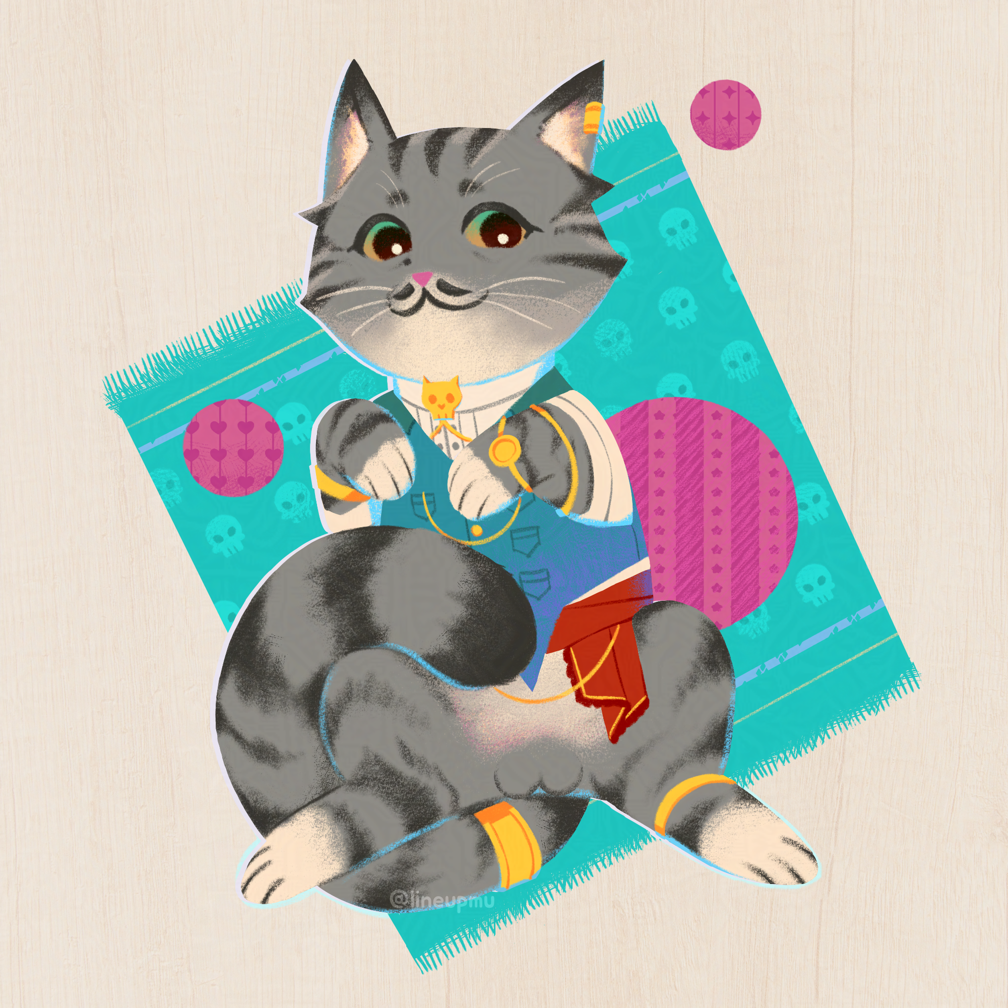 Emmy as a grey tabby cat, looking up at the viewer cutely on his back. He's dressed in his regular clothes on his top half, adorned with some gold jewelry. He's lying back on a teal skull motif blanket with some pink balls, and on a white wooden background.