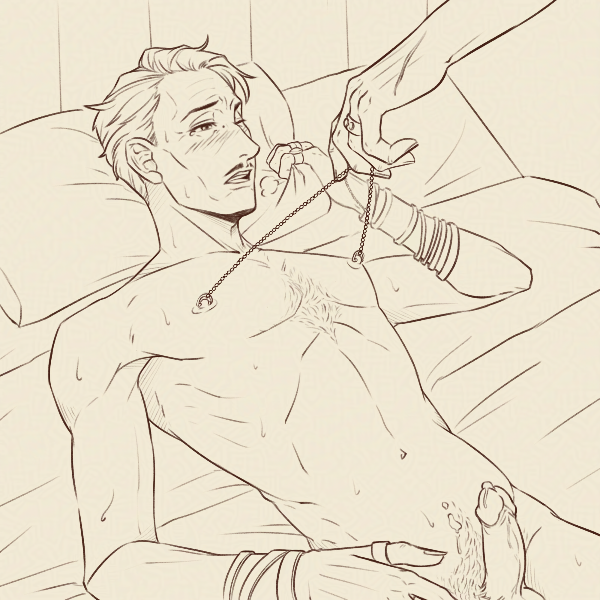 Emmrich is lying on a bed in the nude, blushing and grasping the pillow with his left hand as Rook's hand pulls Emmrich's nipple chain upwards. He's also visibly aroused, a hand sneaking downwards to reach out towards his leaking cock.