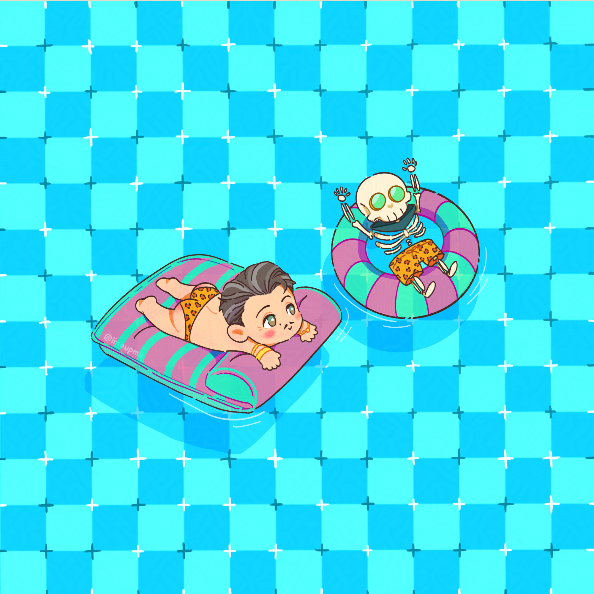 Chibi Emmrich and Manfred are relaxing on pool floats. Emmy is resting on his tummy on top of a rectangular float, dressed in a leopard print speedo. His butt is very juicy. Manfred is dressed in a leopard print trunks and green bandana, and is lying back on a ring float, his arms in the air.