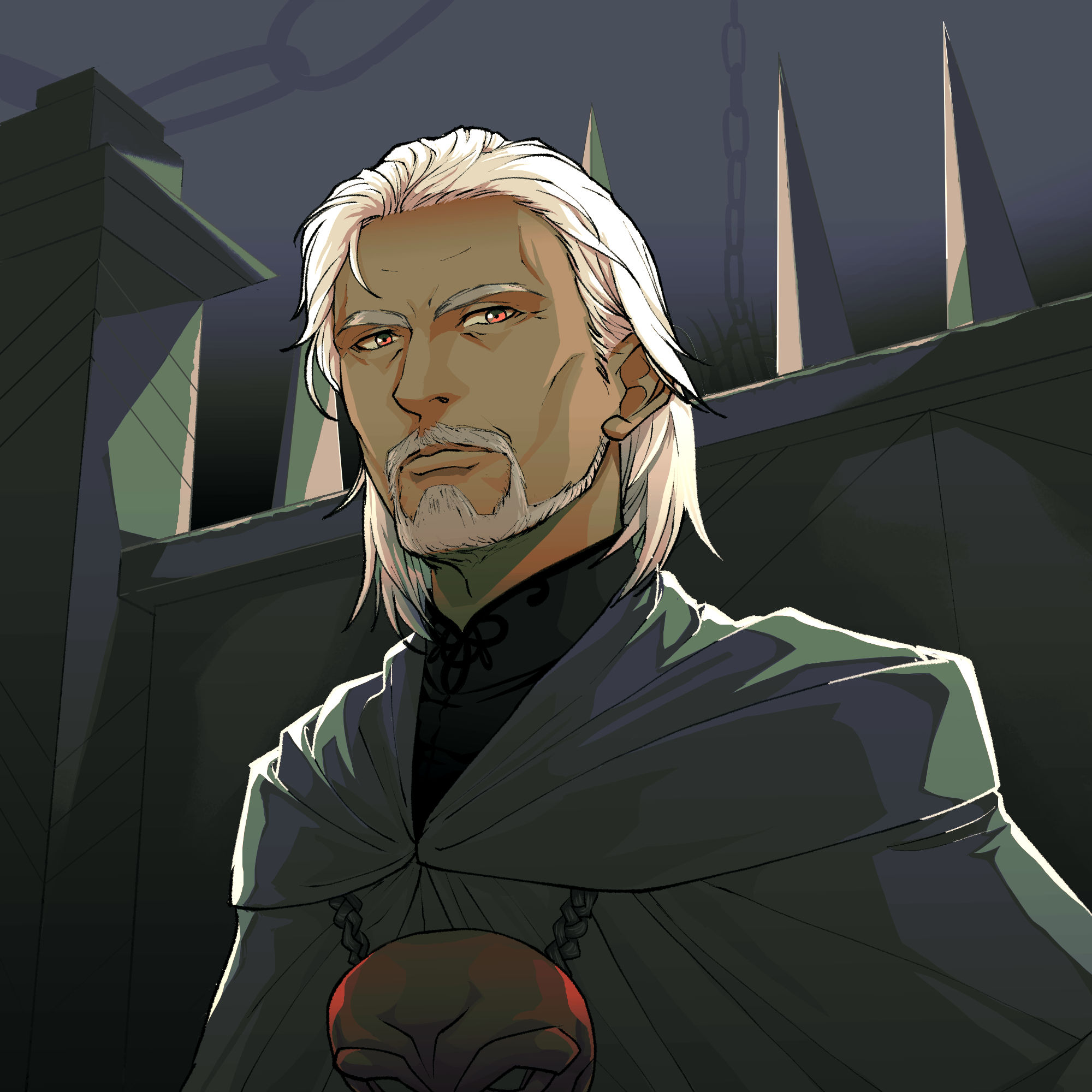 Lahabrea looks down slightly at the viewer. Hanging cages and sinister walls are behind him in the background.
